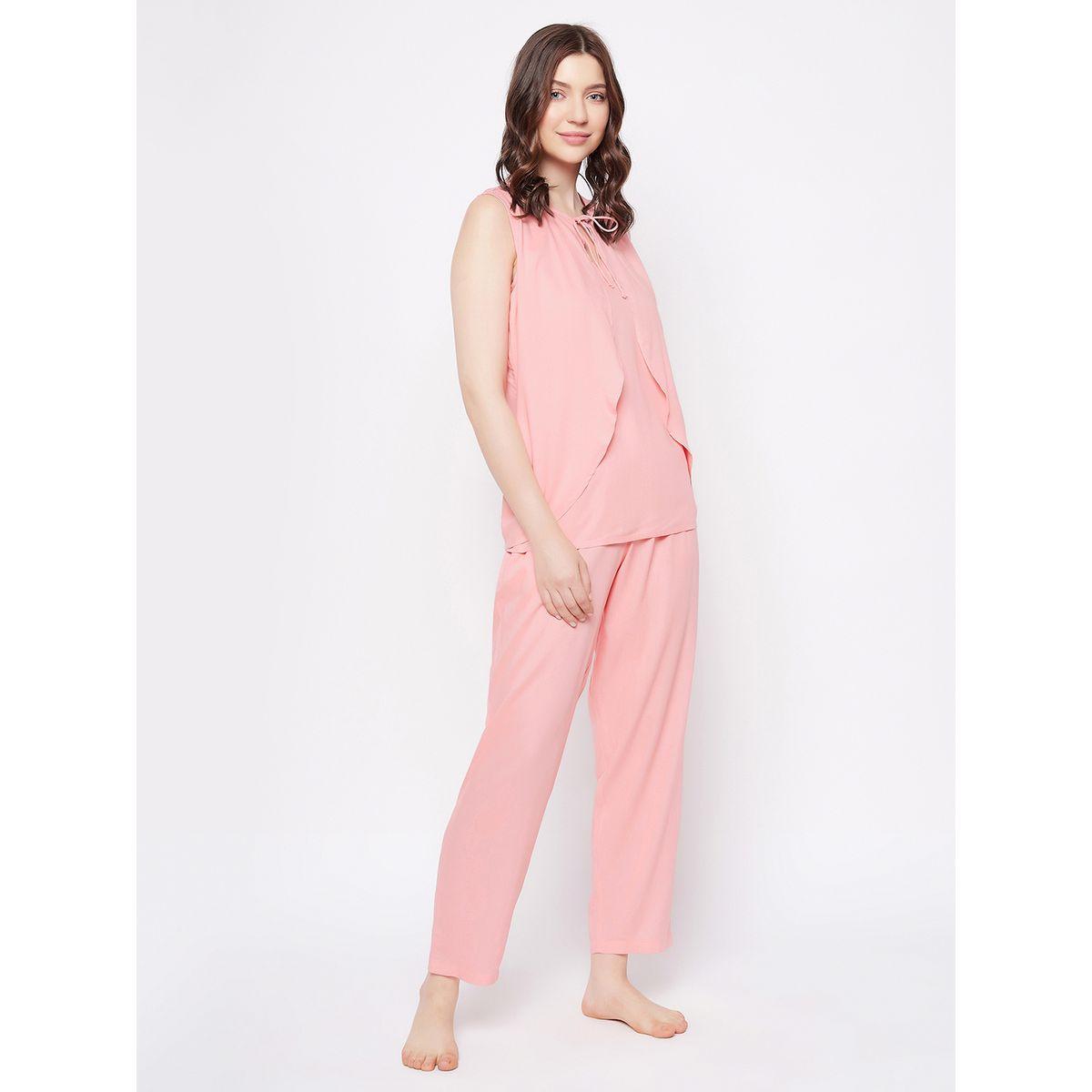 طقم من بنطال بيجاما وبلوزة سادة مع ياقة بأربطة كلوفيا × ستايلي-women-clothing-nightwear-pyjamas-longsets-image-4