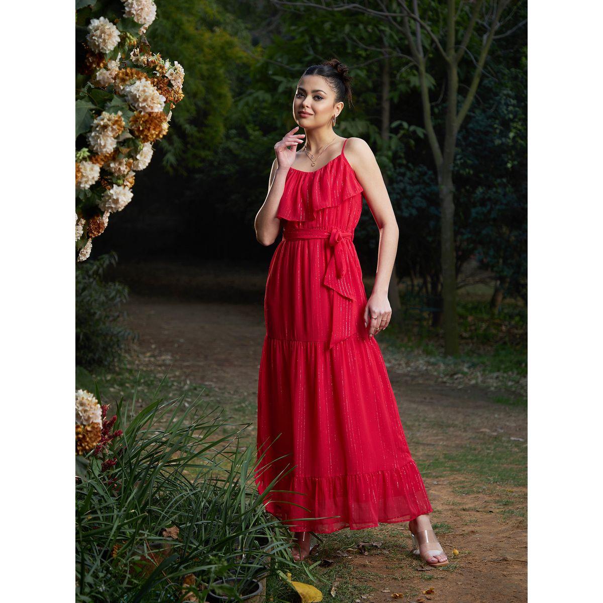 فستان طويل بحمالات رفيعة وكشكش ساسافراس × ستايلي-women-clothing-dresses-image-1