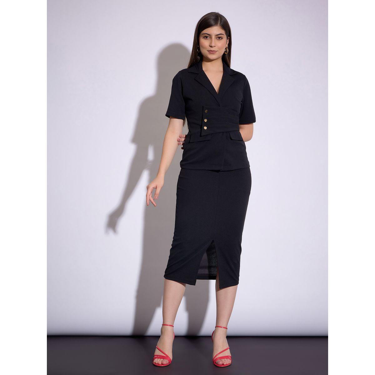 Sassafras X Styli  Notch Lapel Pleated Detail Top & Front Slit Midi Skirt Co-Ord-women-clothing-coordsets-image-1