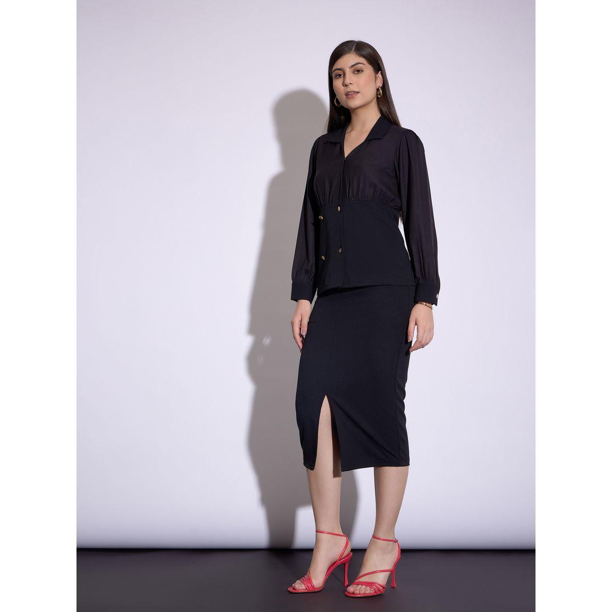 Sassafras X Styli  Button Detail Peplum Top & Front Slit Midi Skirt Co-Ord-women-clothing-coordsets-image-3