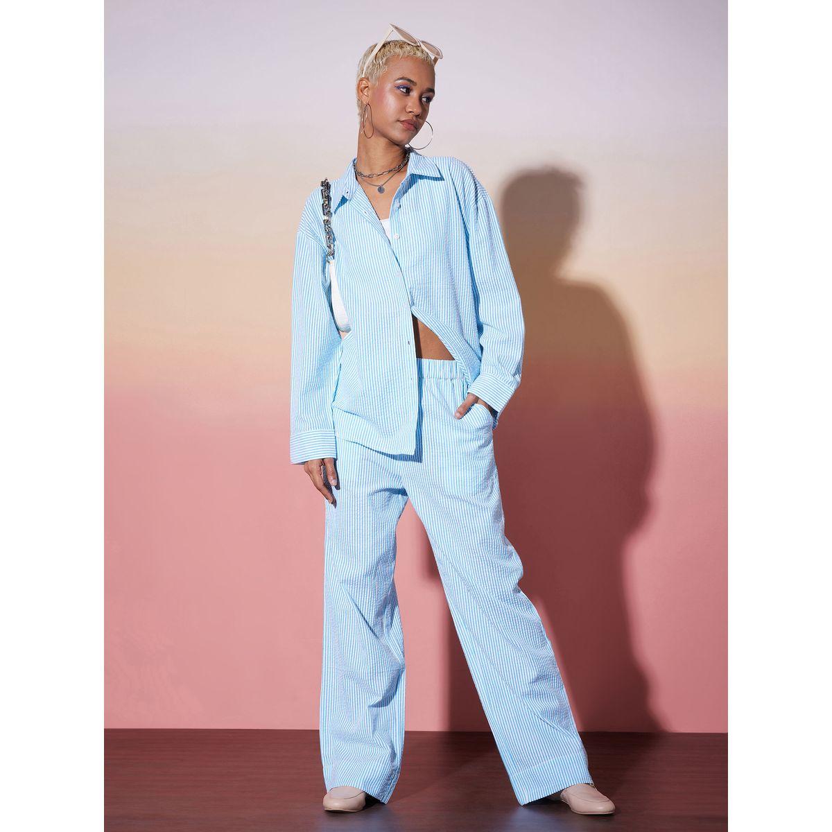 Sassafras X Styli  Striped Textured Shirt & Pants Co-Ords-women-clothing-coordsets-image-1