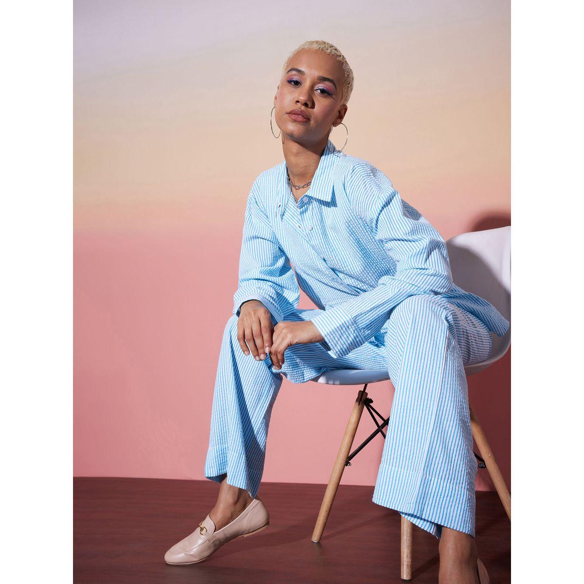 Sassafras X Styli  Striped Textured Shirt & Pants Co-Ords-women-clothing-coordsets-image-2