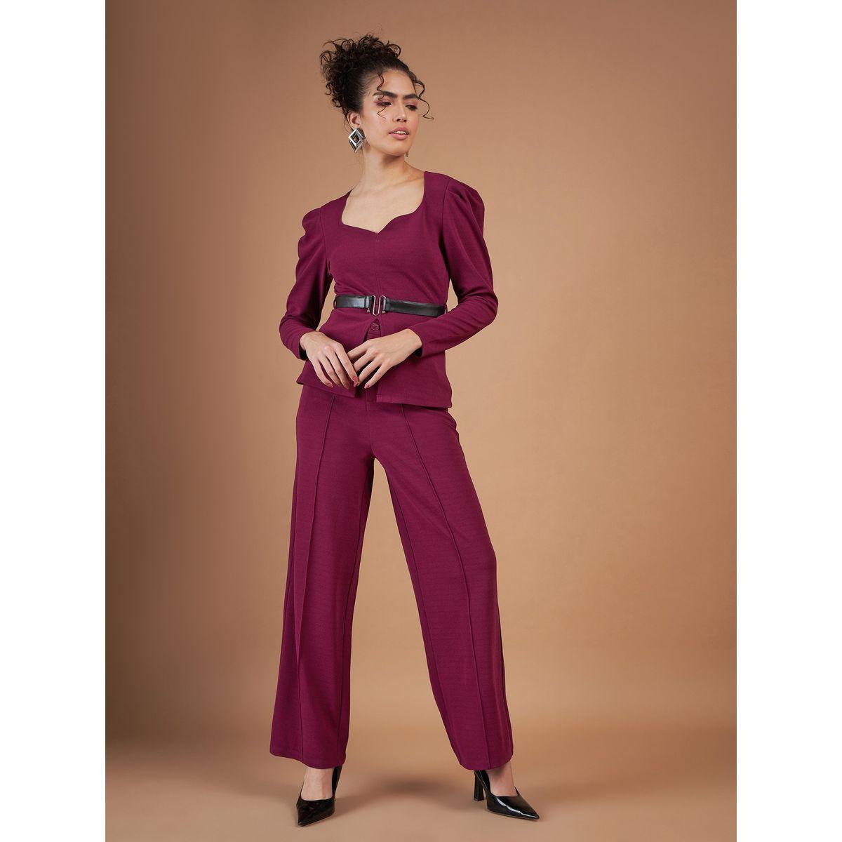 بنطال بقصة مستقيمة مع بلوزة بيبلوم برباط خصر ساسافراس × ستايلي-women-clothing-coordsets-image-1