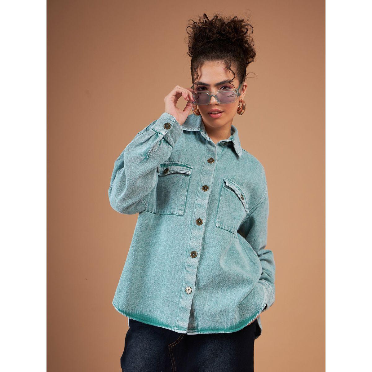 Sassafras X Styli  Washed Denim Shacket with Flap Pocket-women-winterwear-coatsandjackets-jackets-image-1