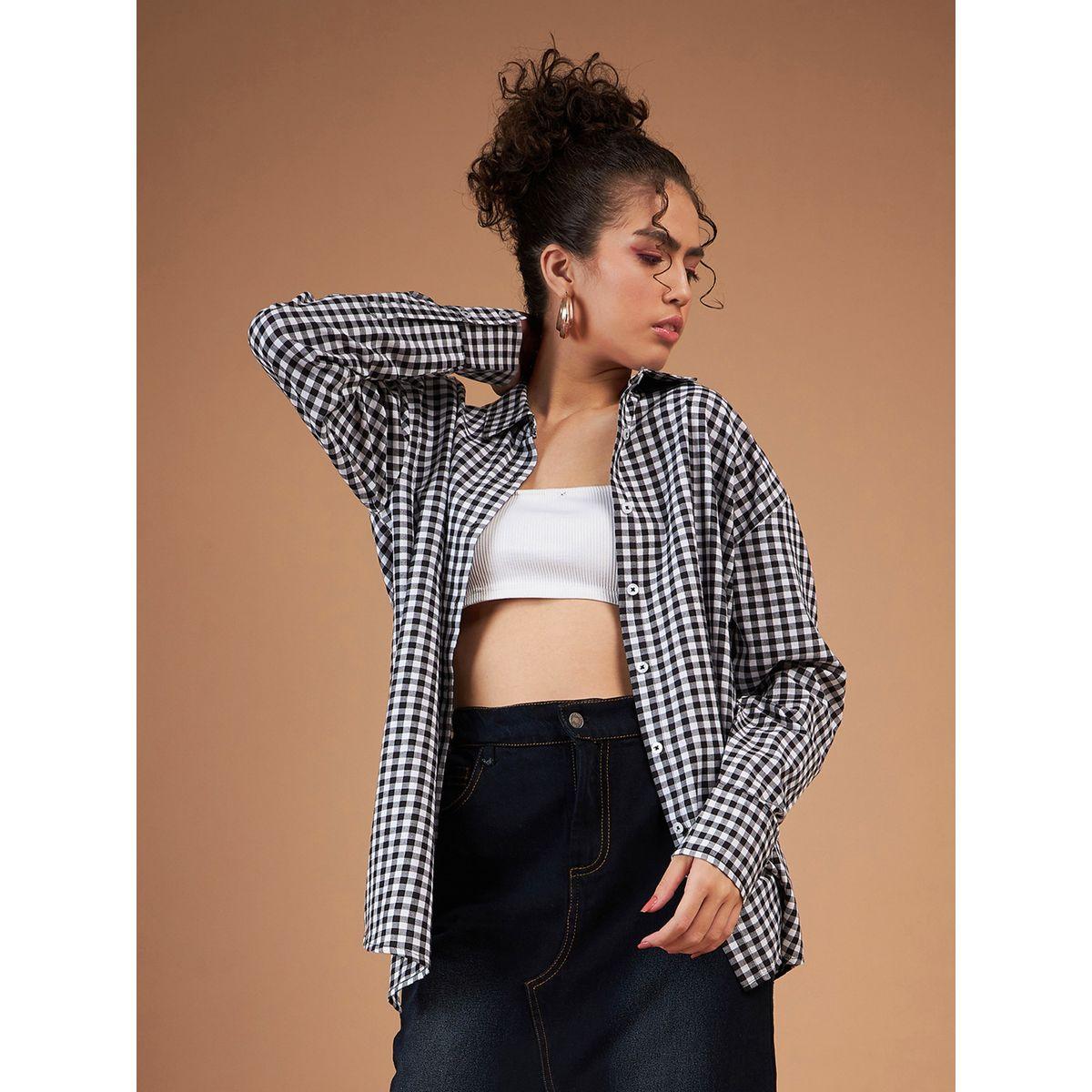Sassafras X Styli  Oversized Check Curved Hem Longline Shirt-women-clothing-shirtsandblouses-shirts-image-1