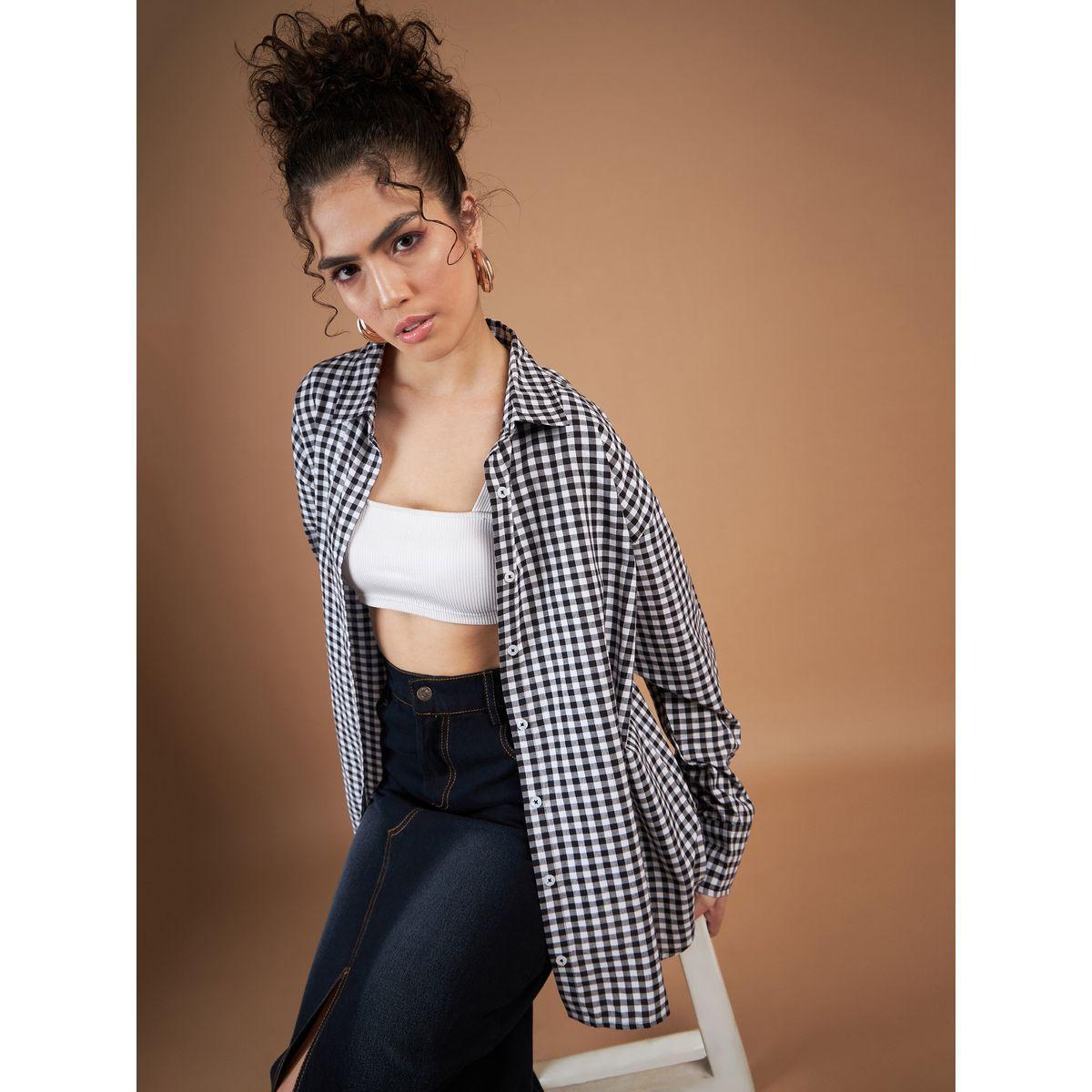 بلوزة واسعة بطبعة مربعات وحافة منحنية ساسافراس × ستايلي-women-clothing-shirtsandblouses-shirts-image-2