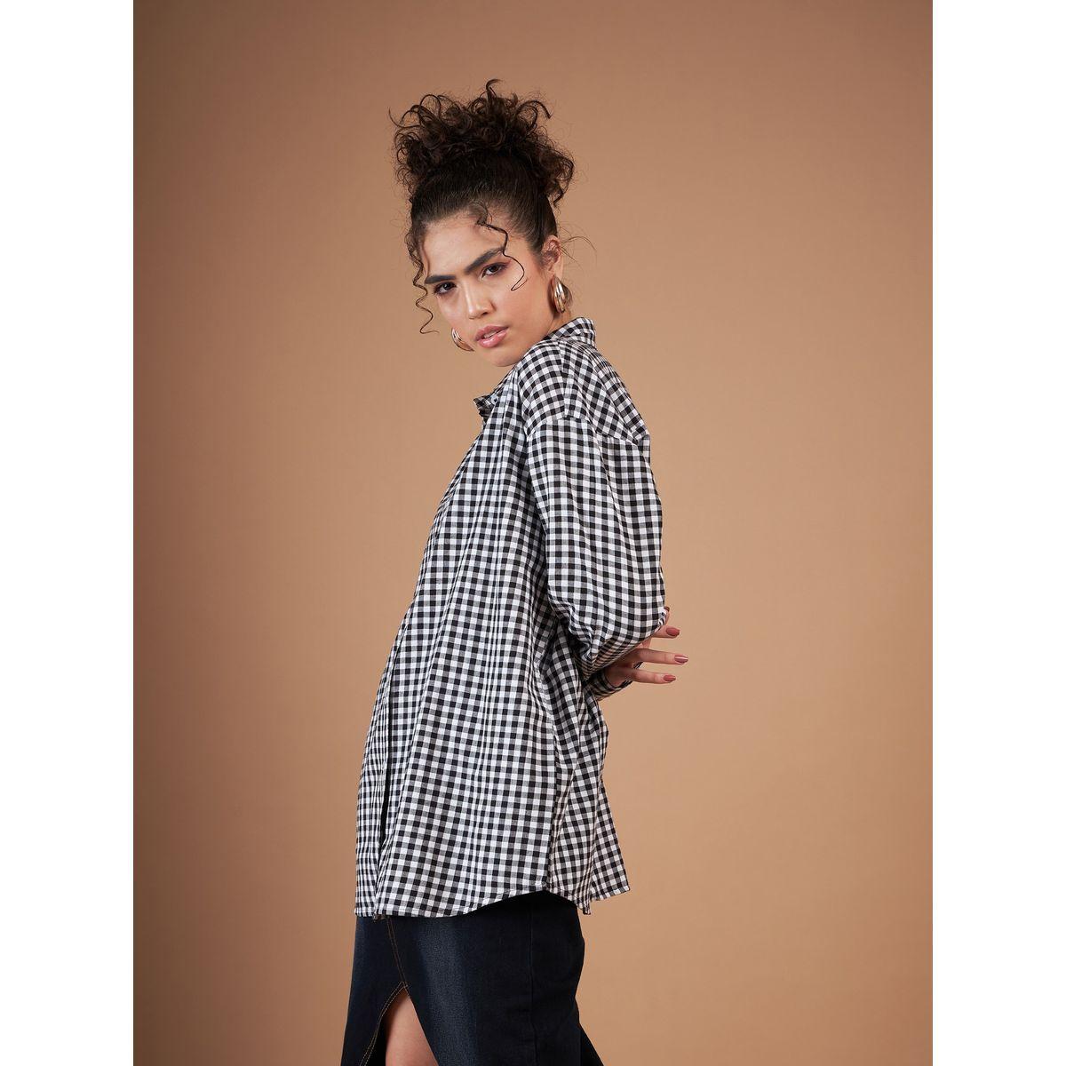 Sassafras X Styli  Oversized Check Curved Hem Longline Shirt-women-clothing-shirtsandblouses-shirts-image-3