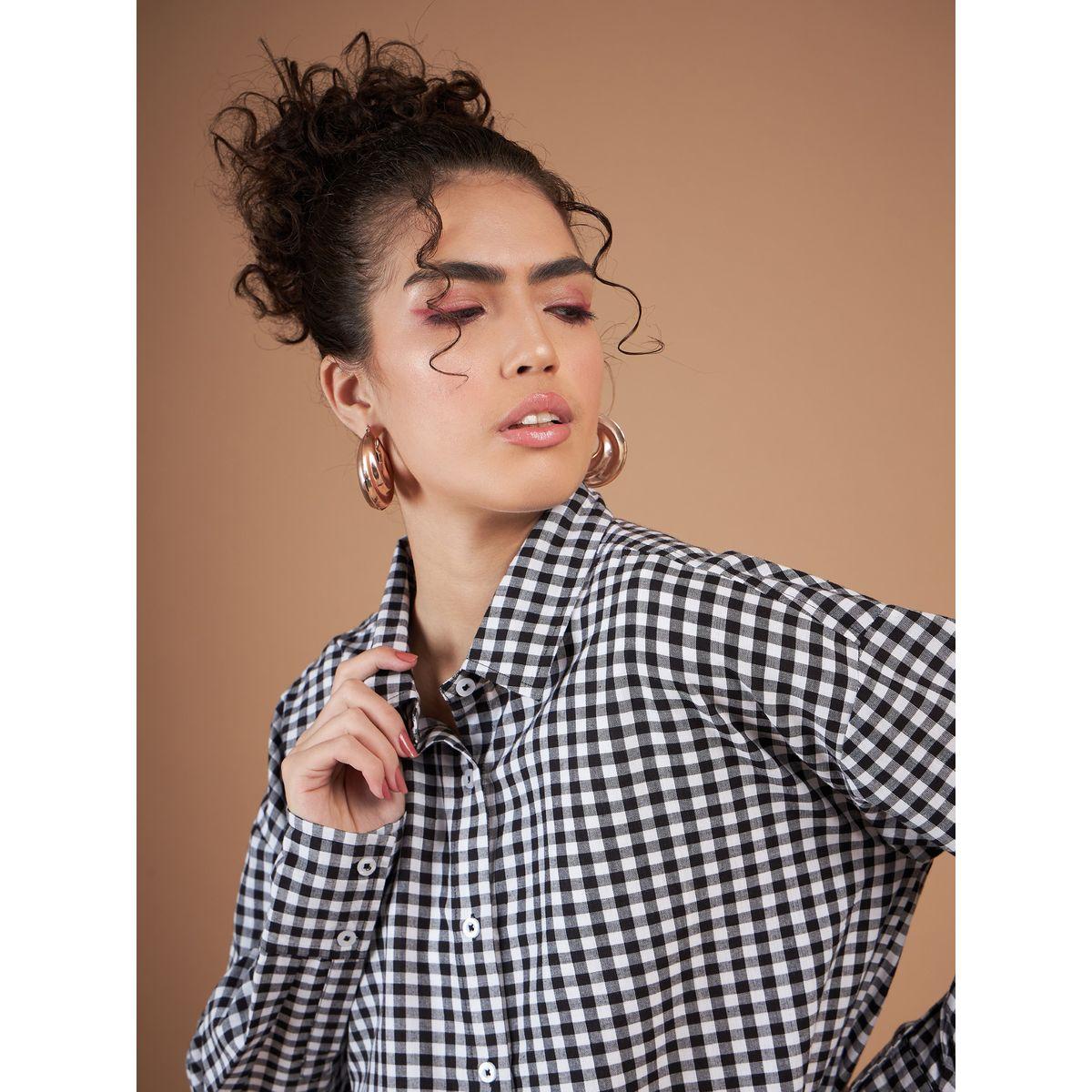 بلوزة واسعة بطبعة مربعات وحافة منحنية ساسافراس × ستايلي-women-clothing-shirtsandblouses-shirts-image-4