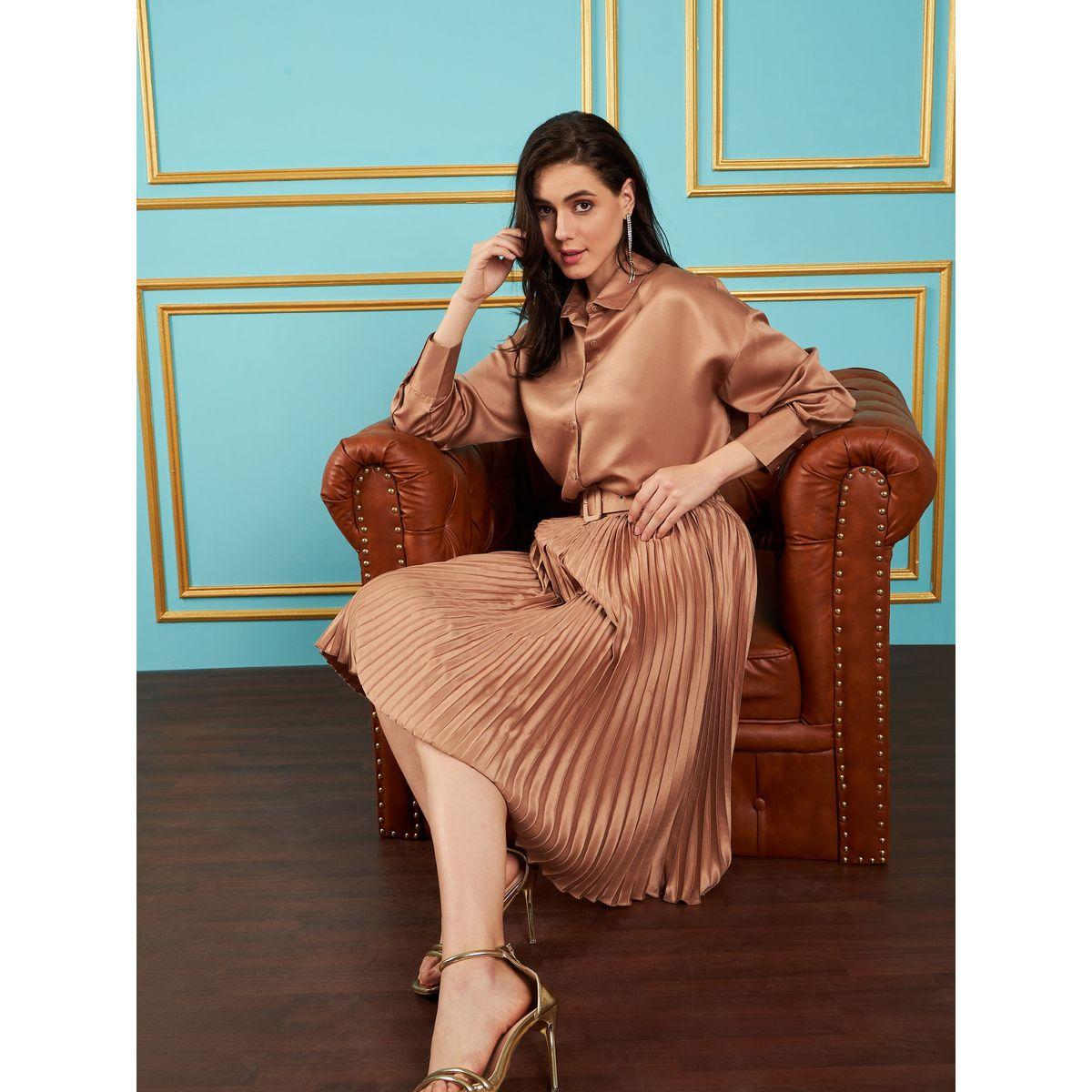 تنورة ميدي ساتان بكسرات ساسافراس × ستايلي-women-clothing-bottoms-skirts-image-1