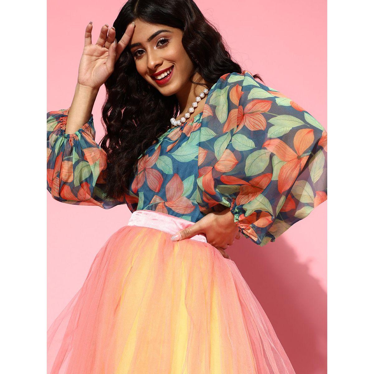 بلوزة اورجانزا بطبعة زهور مع اكمام بالون ساسافراس × ستايلي-women-clothing-shirtsandblouses-blouses-image-1