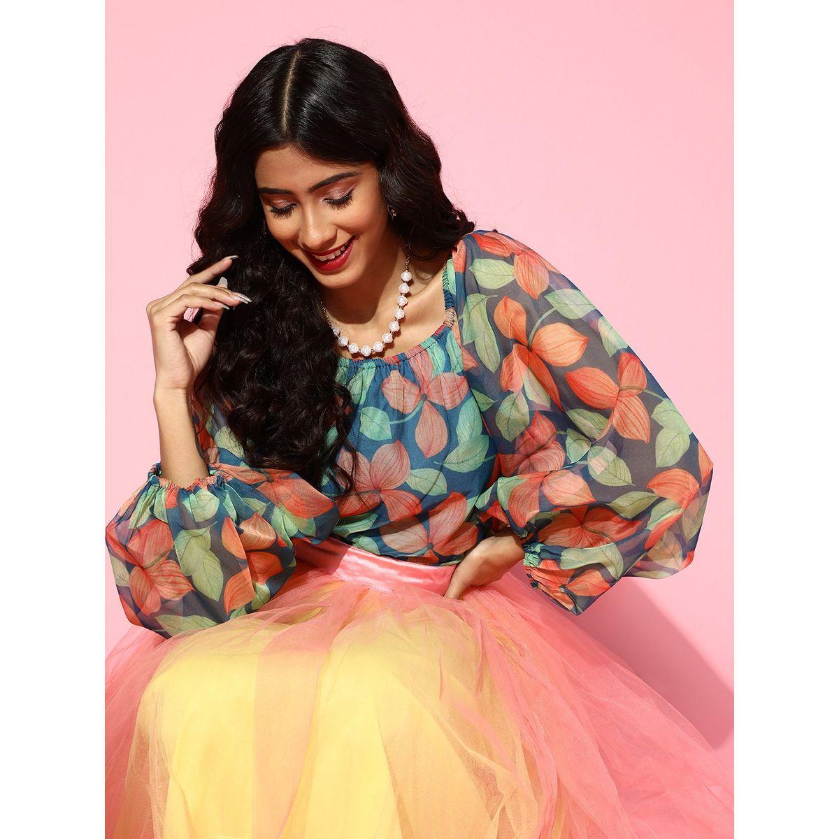 Sassafras X Styli  Organza Floral Print Balloon Sleeves Top-women-clothing-shirtsandblouses-blouses-image-2