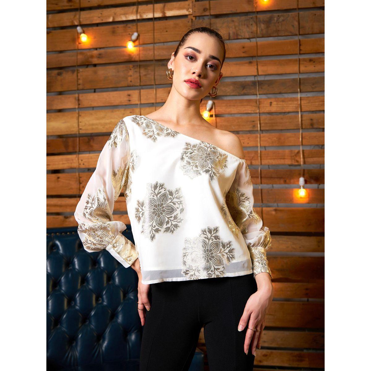 بلوزة بكتف واحد وتفاصيل جاكار بنمط زهور ساسافراس × ستايلي-women-clothing-shirtsandblouses-blouses-image-1