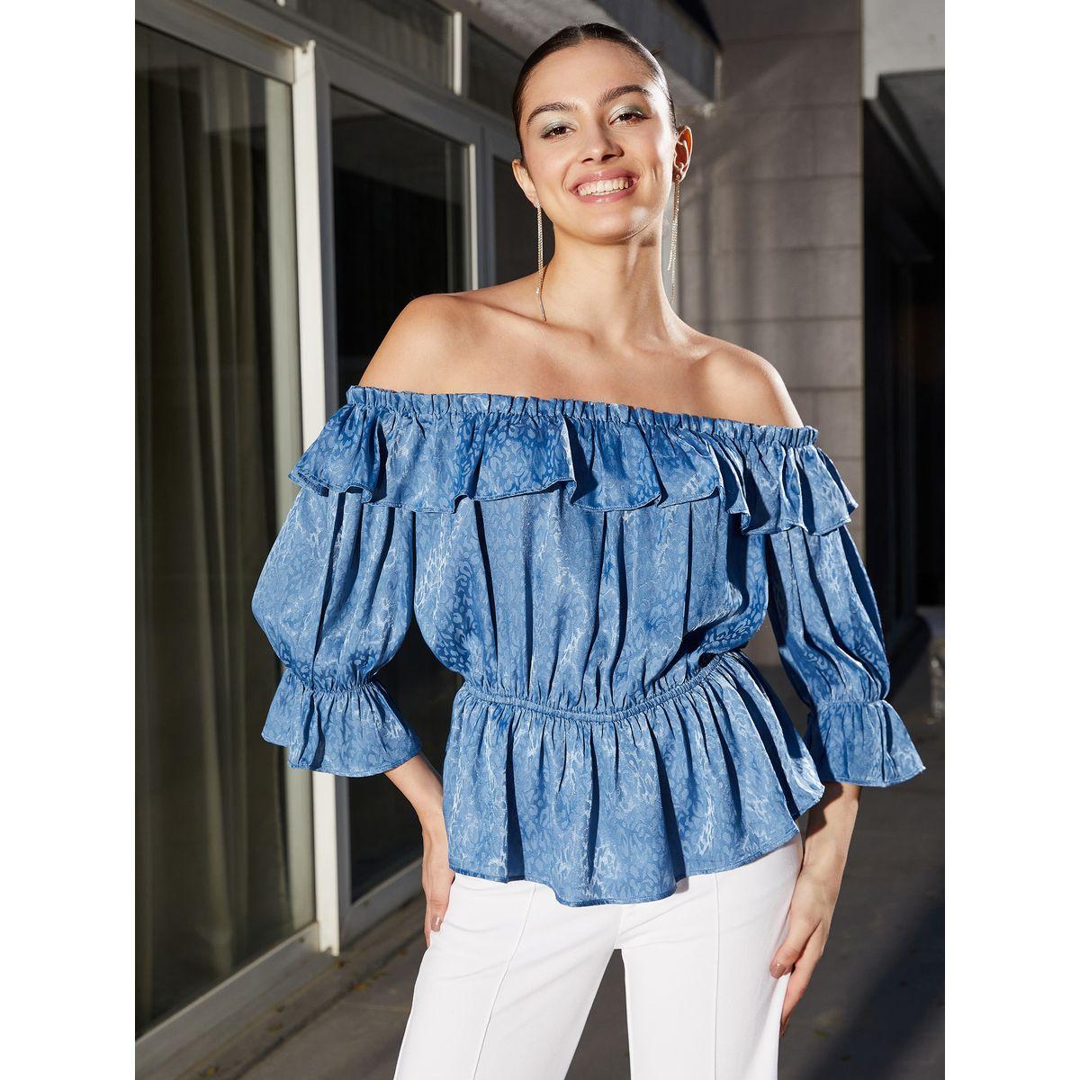 Sassafras X Styli  Jacquard Frill Detail Off Shoulder Peplum Top-women-clothing-shirtsandblouses-blouses-image-1