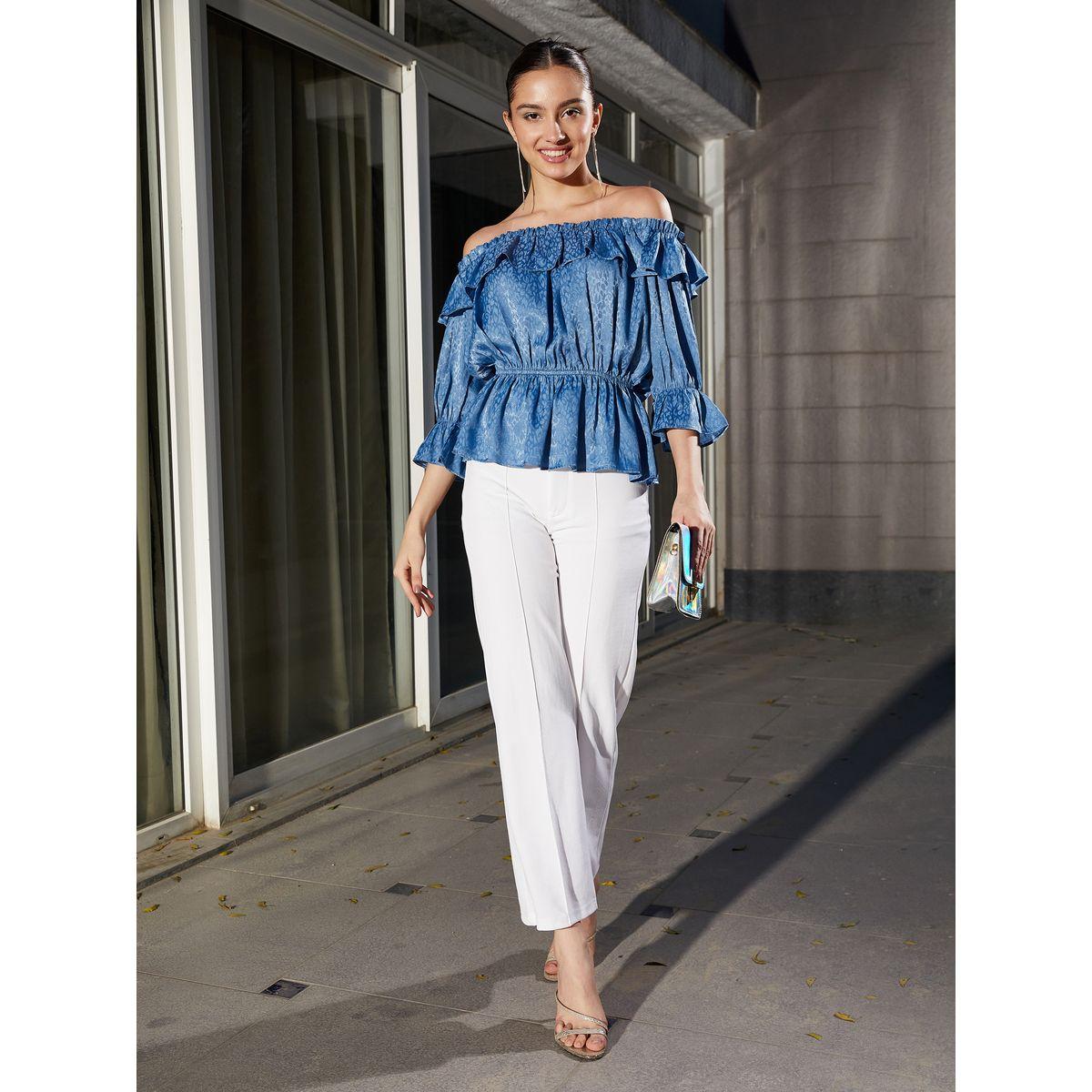 Sassafras X Styli  Jacquard Frill Detail Off Shoulder Peplum Top-women-clothing-shirtsandblouses-blouses-image-2