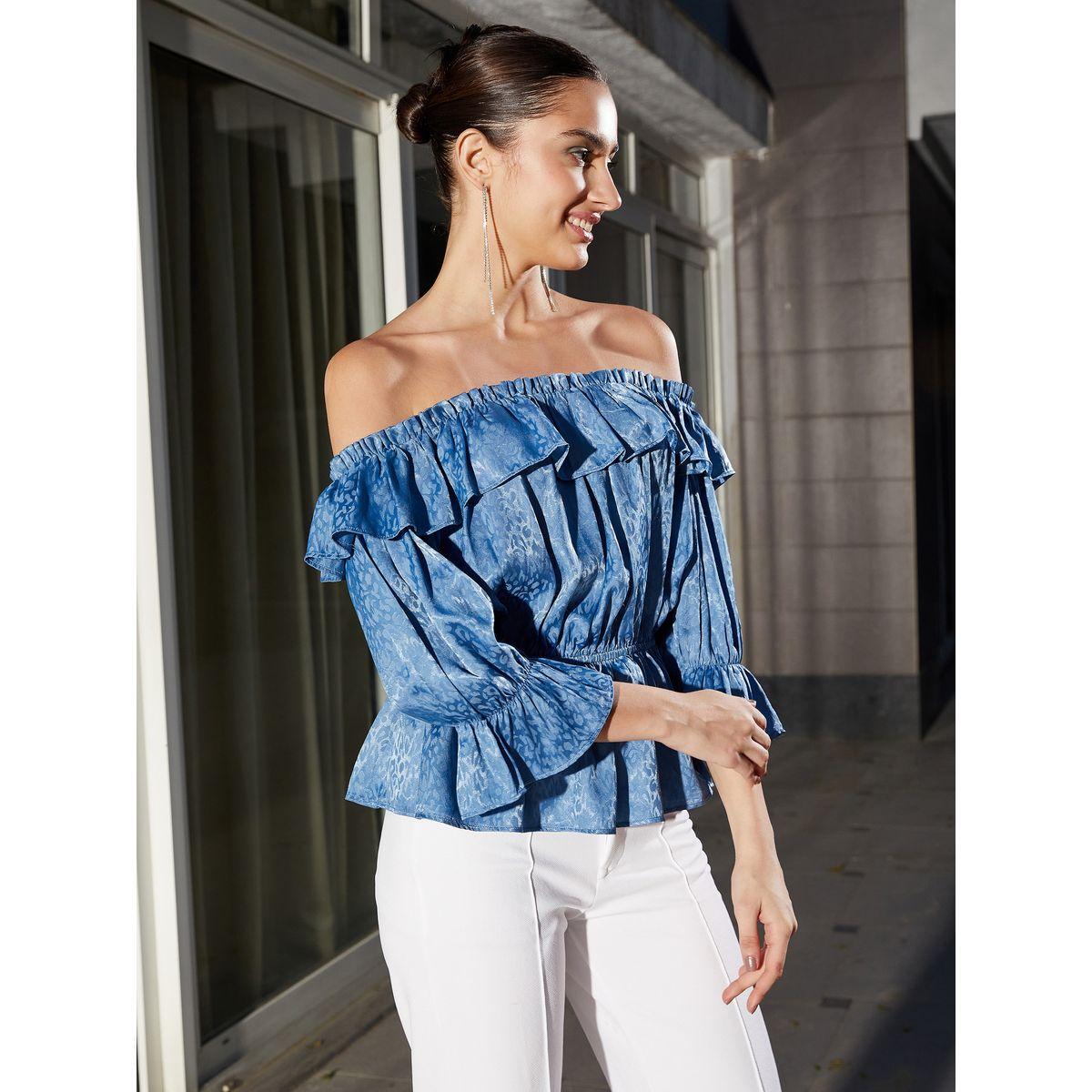 Sassafras X Styli  Jacquard Frill Detail Off Shoulder Peplum Top-women-clothing-shirtsandblouses-blouses-image-3