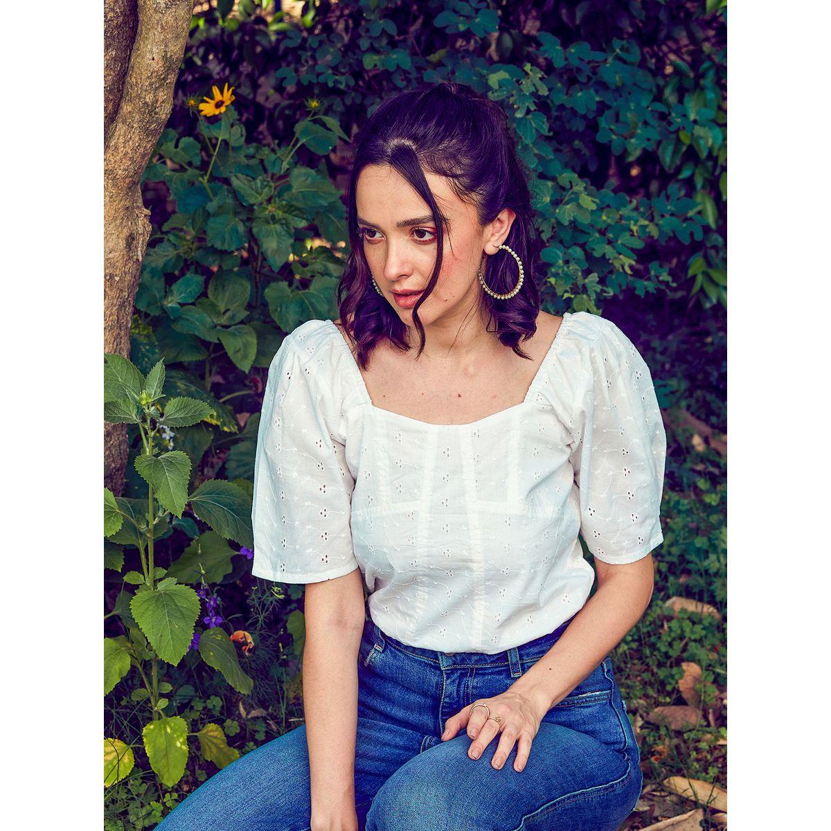 Sassafras X Styli  Schiffli Square Neck Puff Sleeves Top-women-clothing-shirtsandblouses-blouses-image-1