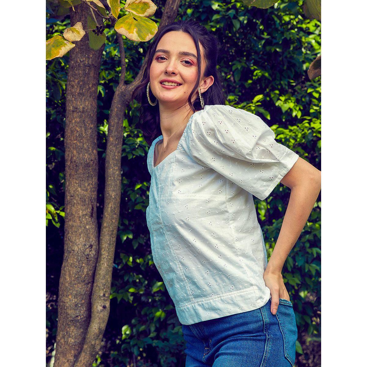 Sassafras X Styli  Schiffli Square Neck Puff Sleeves Top-women-clothing-shirtsandblouses-blouses-image-3