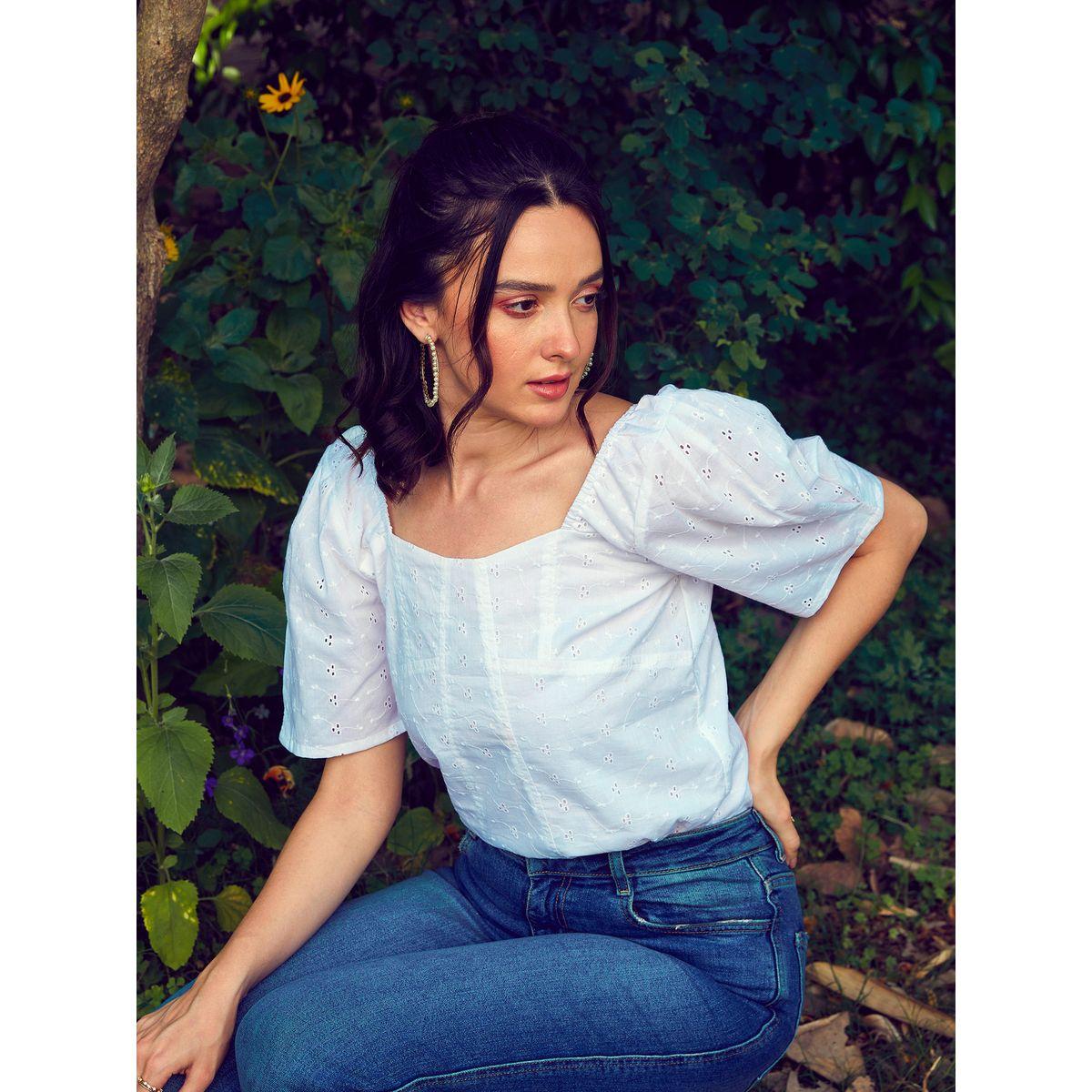 Sassafras X Styli  Schiffli Square Neck Puff Sleeves Top-women-clothing-shirtsandblouses-blouses-image-7
