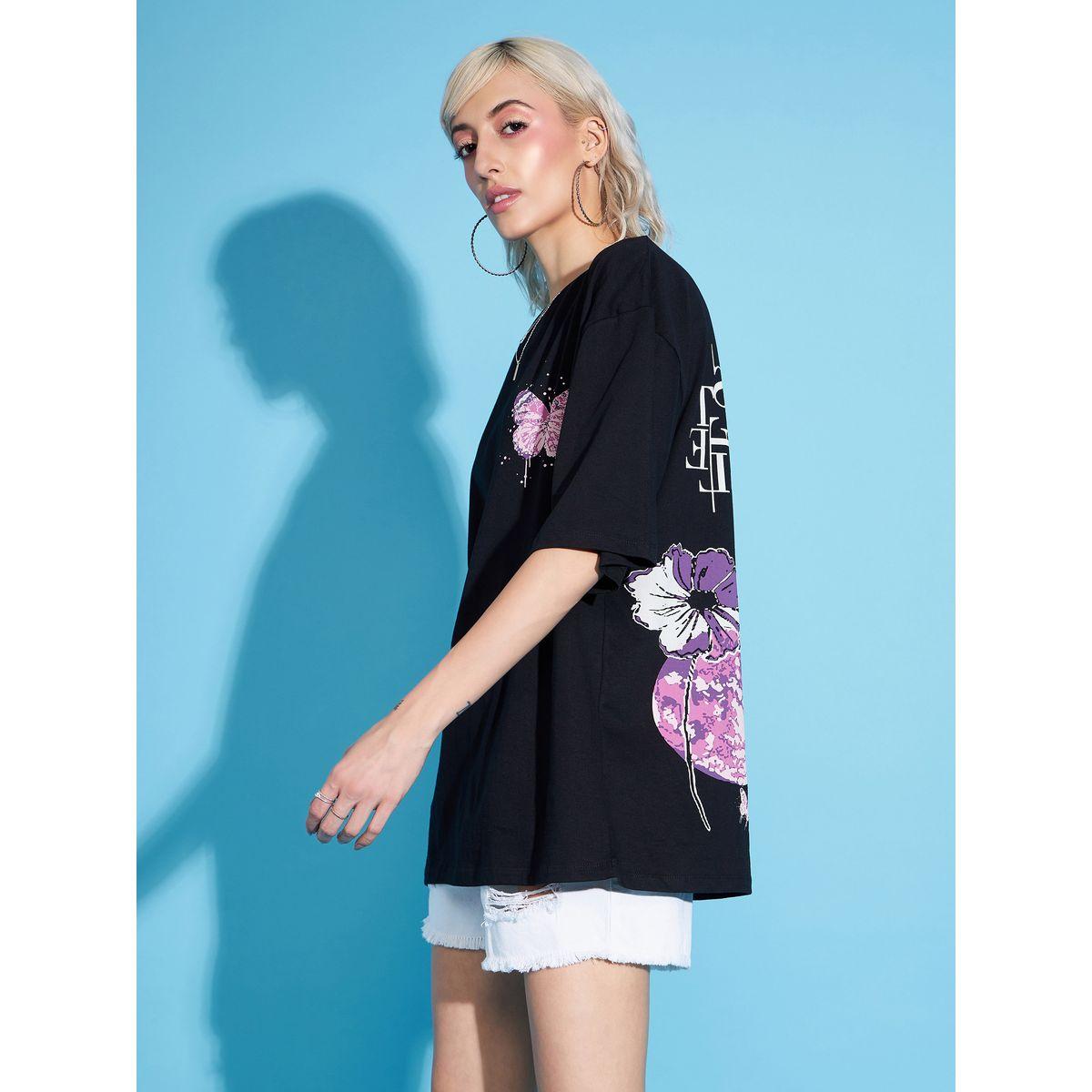 تيشيرت واسع مطبع بزهور مع اكتاف منخفضة ساسافراس × ستايلي-women-clothing-tshirts-image-3