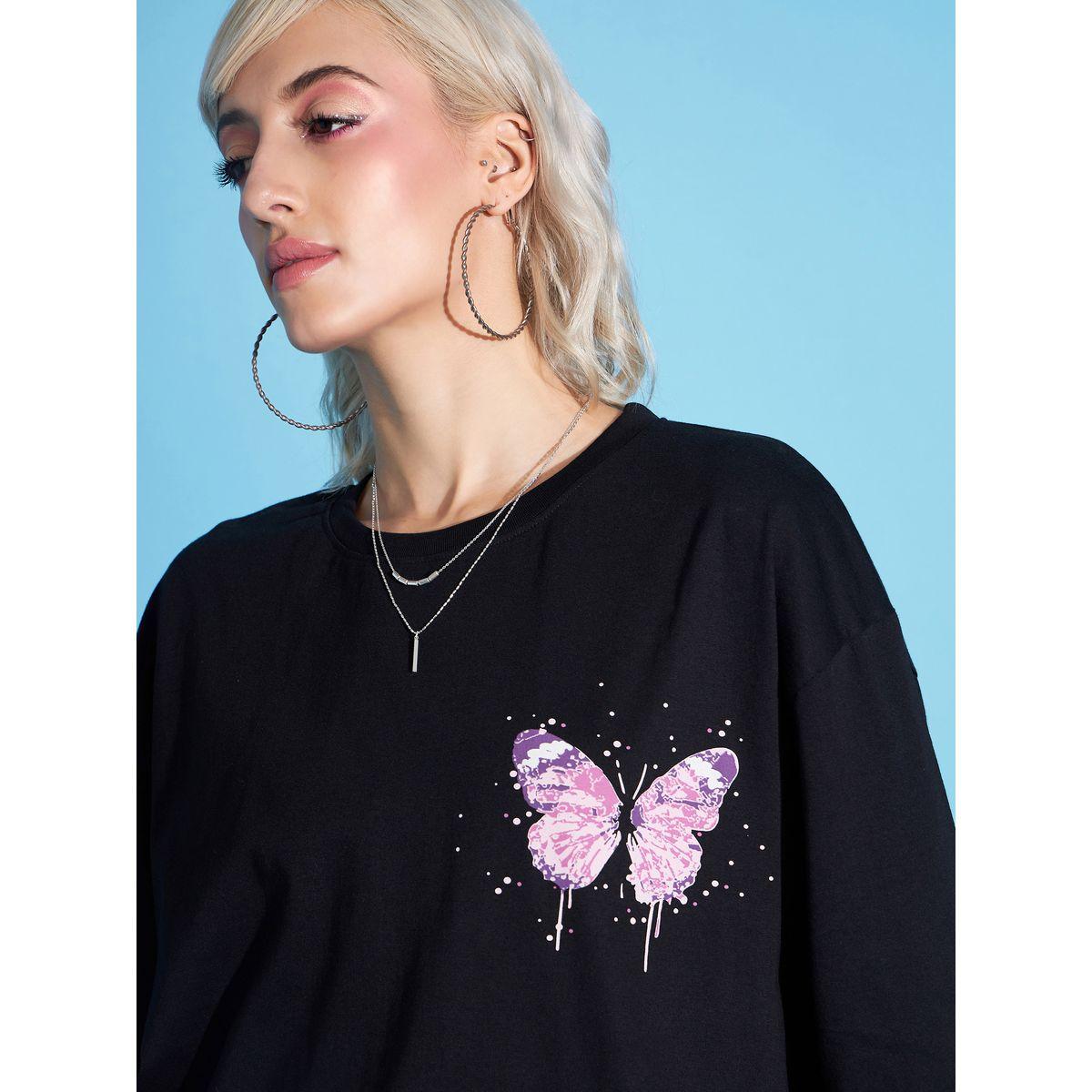 تيشيرت واسع مطبع بزهور مع اكتاف منخفضة ساسافراس × ستايلي-women-clothing-tshirts-image-4
