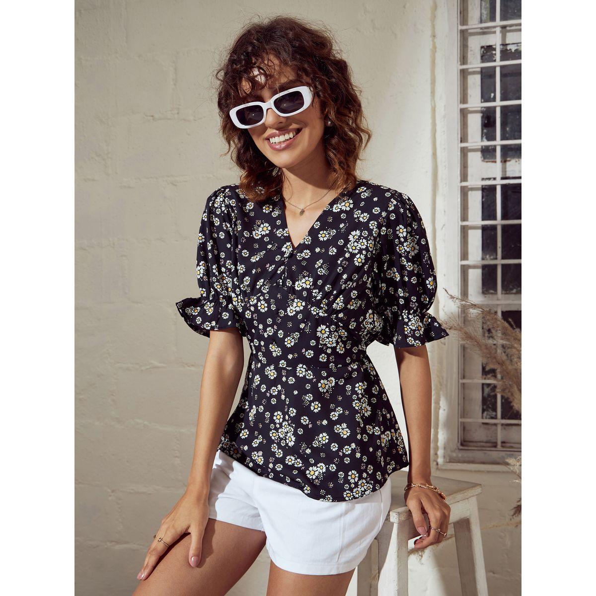 Sassafras X Styli  Floral Print Puff Sleeves Peplum Top-women-clothing-shirtsandblouses-blouses-image-1