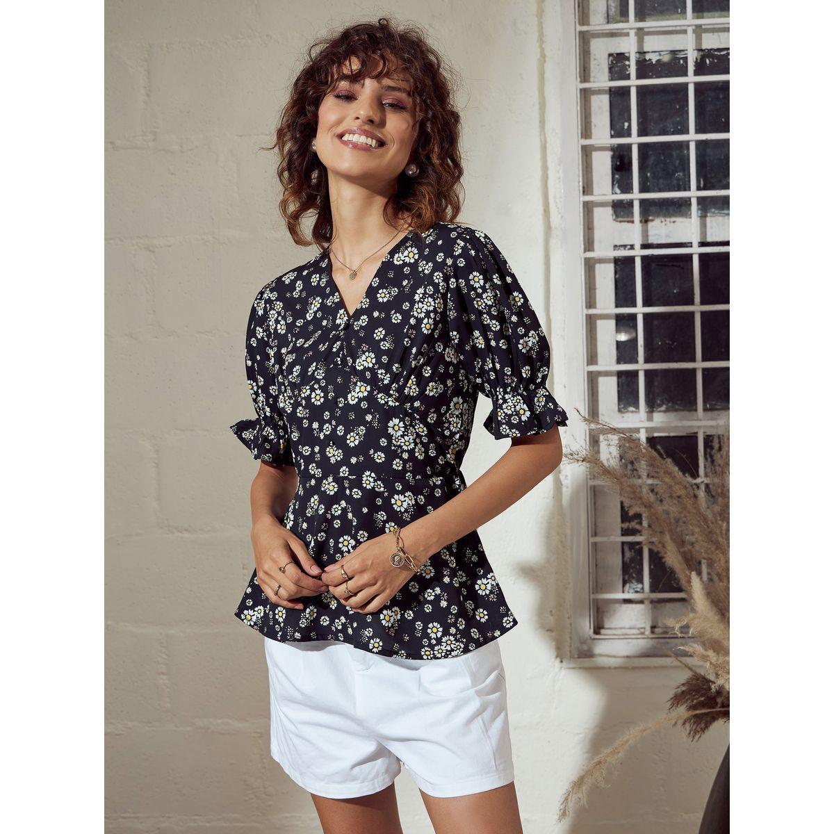 بلوزة بيبلوم مطبعة بزهور مع اكمام منفوخة ساسافراس × ستايلي-women-clothing-shirtsandblouses-blouses-image-6