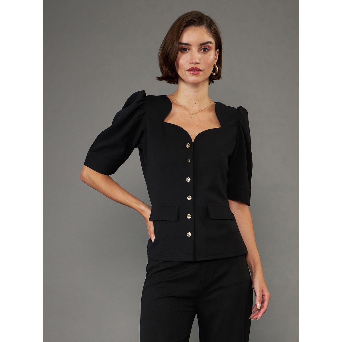 Sassafras X Styli  Solid Sweetheart Neck Button Closure Top with Puff Sleeves-women-clothing-shirtsandblouses-blouses-image-1