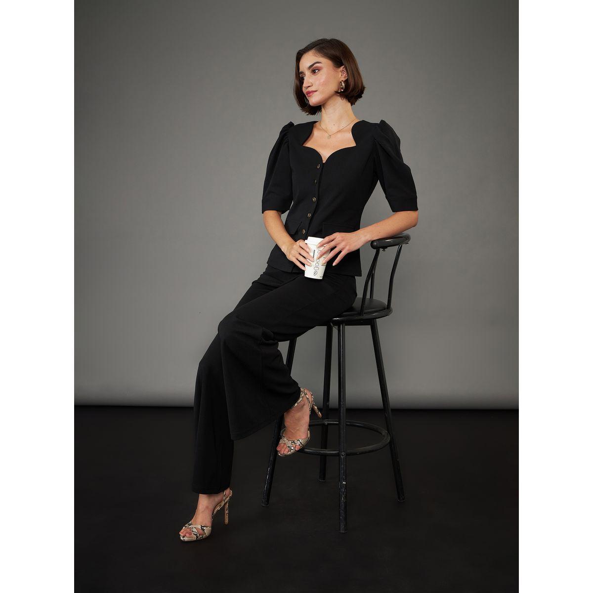 Sassafras X Styli  Solid Sweetheart Neck Button Closure Top with Puff Sleeves-women-clothing-shirtsandblouses-blouses-image-2