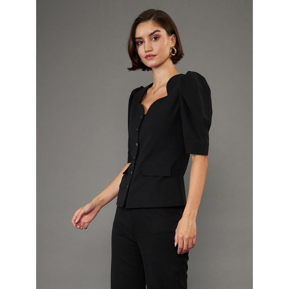 بلوزة سادة بياقة شكل قلب واكمام منفوخة ساسافراس × ستايلي-women-clothing-shirtsandblouses-blouses-image-3