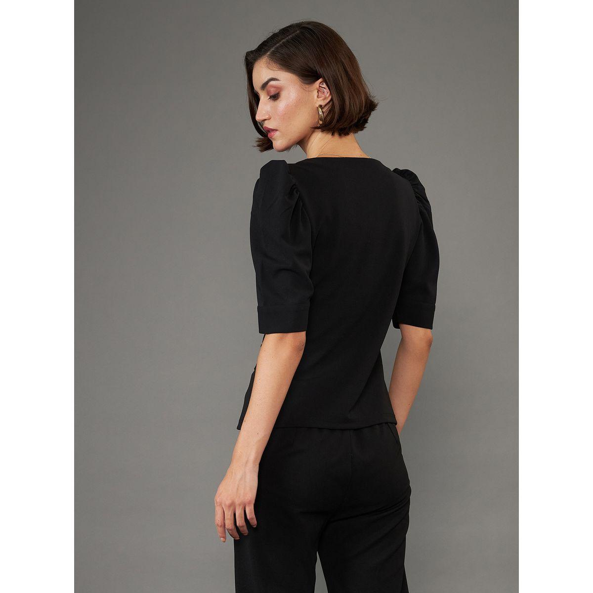 Sassafras X Styli  Solid Sweetheart Neck Button Closure Top with Puff Sleeves-women-clothing-shirtsandblouses-blouses-image-5