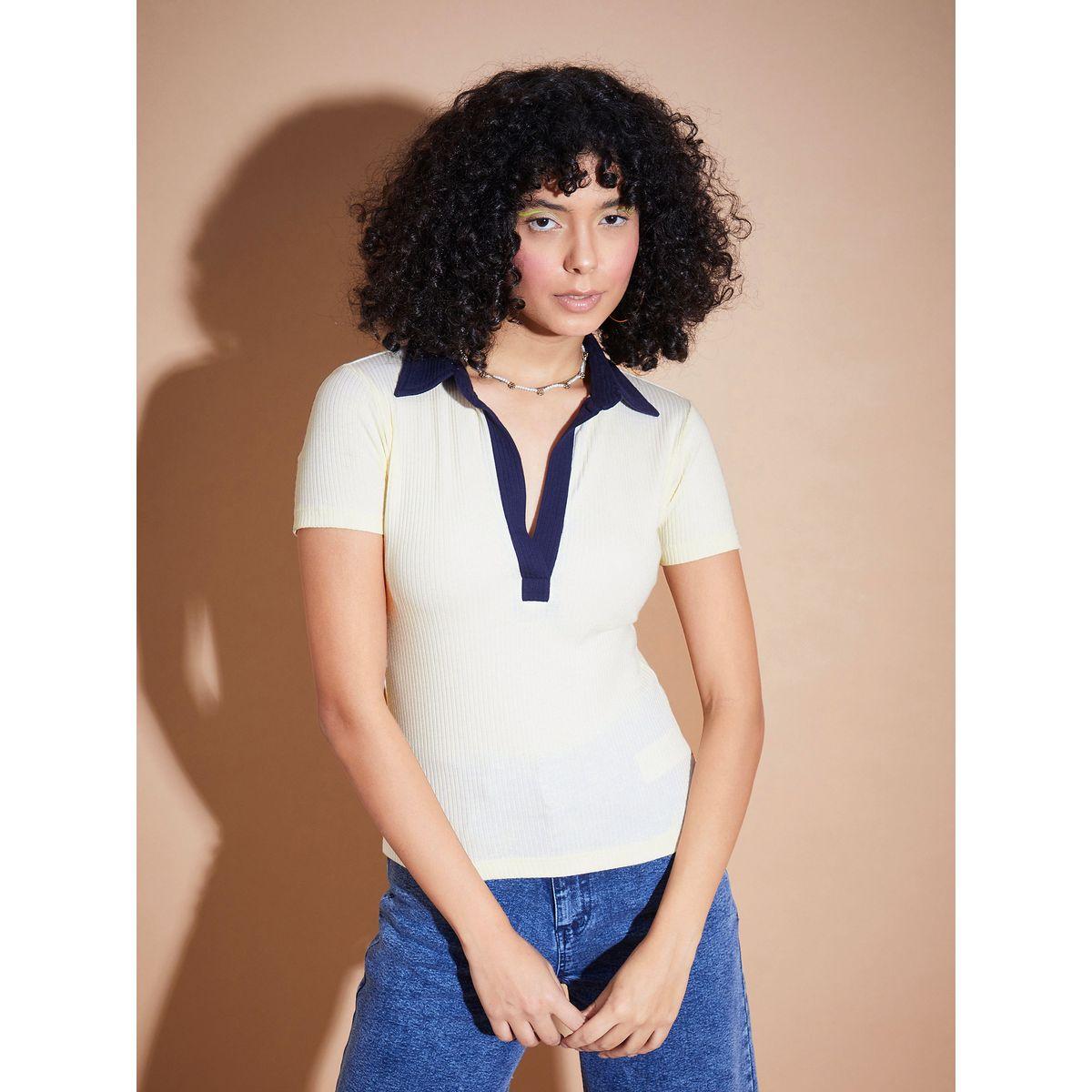 Sassafras X Styli  Ribbed Contrast Polo Neck Top-women-clothing-tshirts-image-1