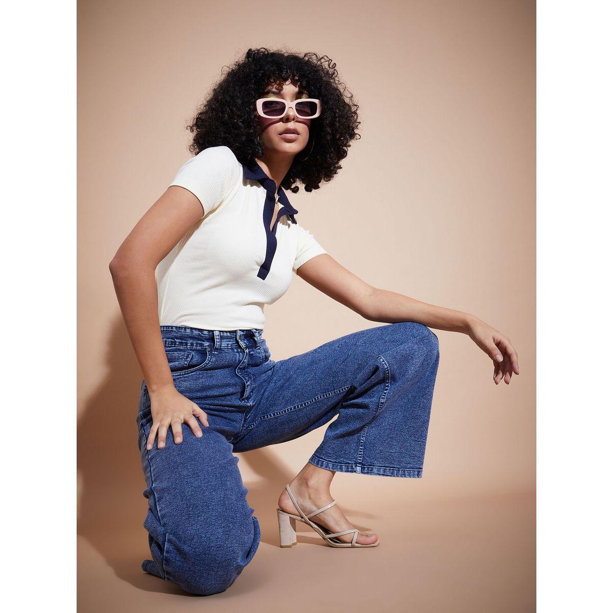 بلوزة مضلعة بياقة بولو واكمام قصيرة ساسافراس × ستايلي-women-clothing-tshirts-image-2