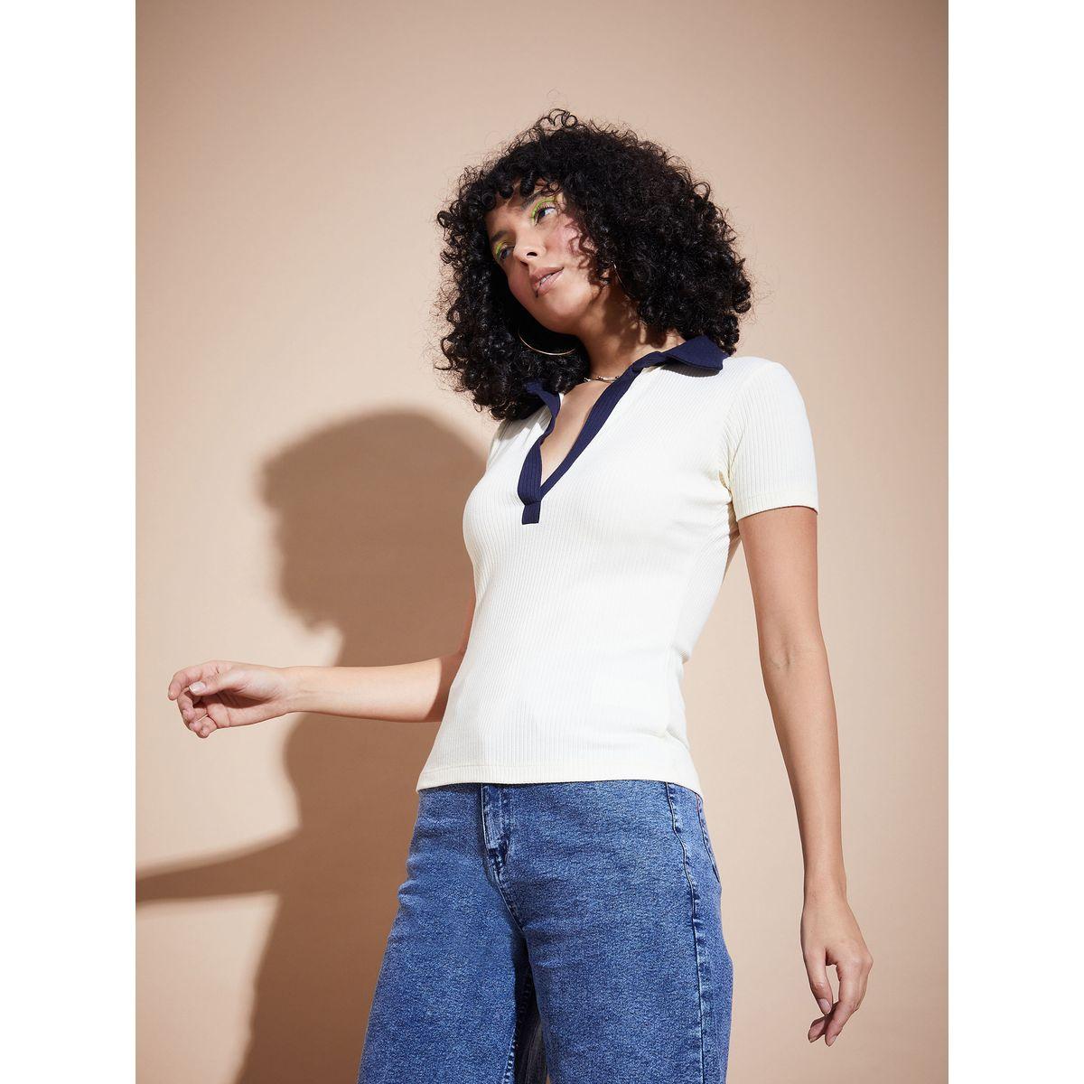 Sassafras X Styli  Ribbed Contrast Polo Neck Top-women-clothing-tshirts-image-3