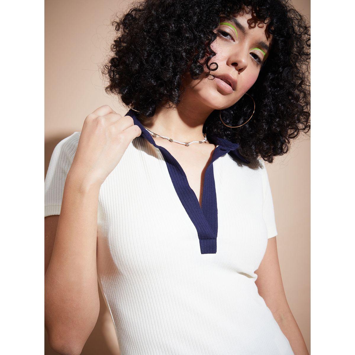 بلوزة مضلعة بياقة بولو واكمام قصيرة ساسافراس × ستايلي-women-clothing-tshirts-image-4
