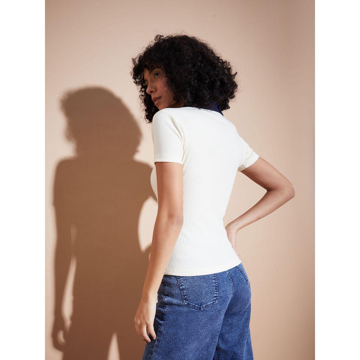 Sassafras X Styli  Ribbed Contrast Polo Neck Top-women-clothing-tshirts-image-5
