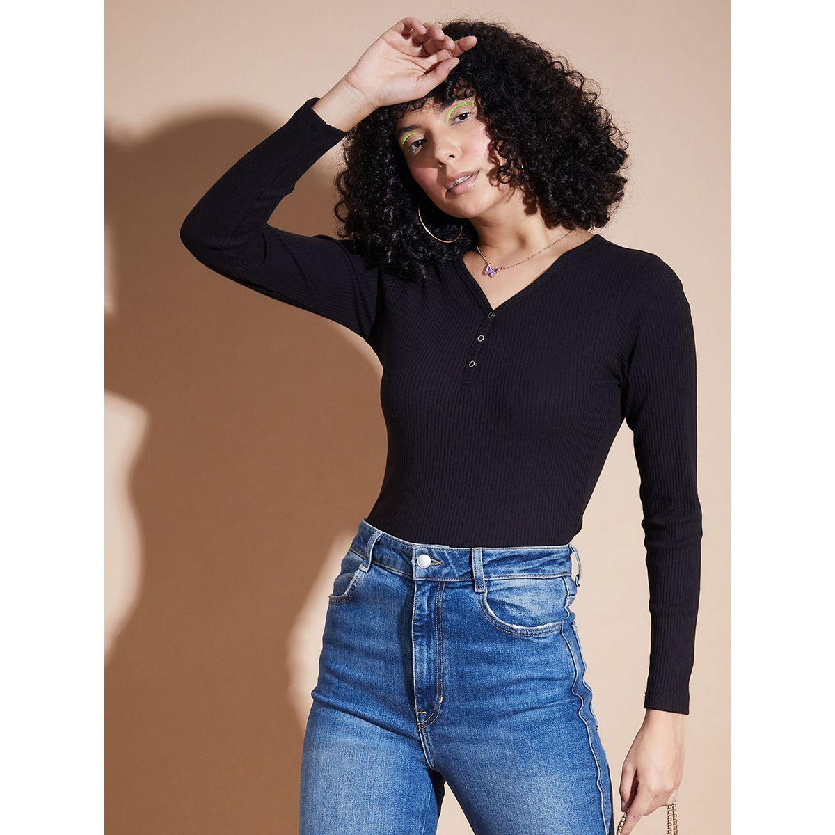 Sassafras X Styli  Ribbed V Neck Button Detail Regular Fit Top-women-clothing-shirtsandblouses-blouses-image-1