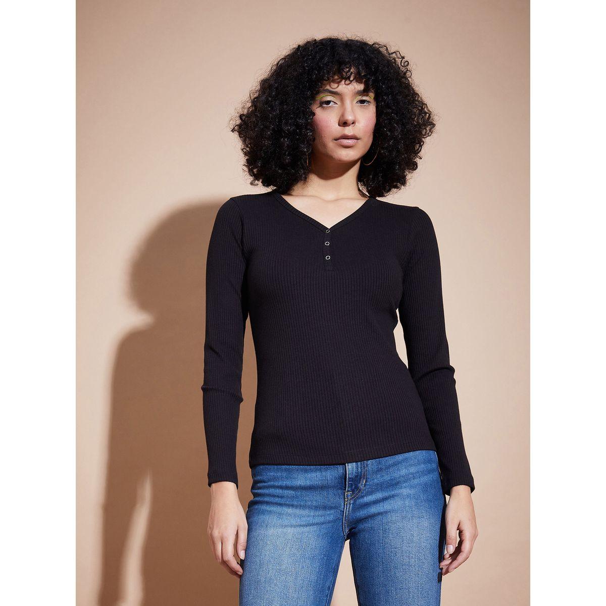 Sassafras X Styli  Ribbed V Neck Button Detail Regular Fit Top-women-clothing-shirtsandblouses-blouses-image-7