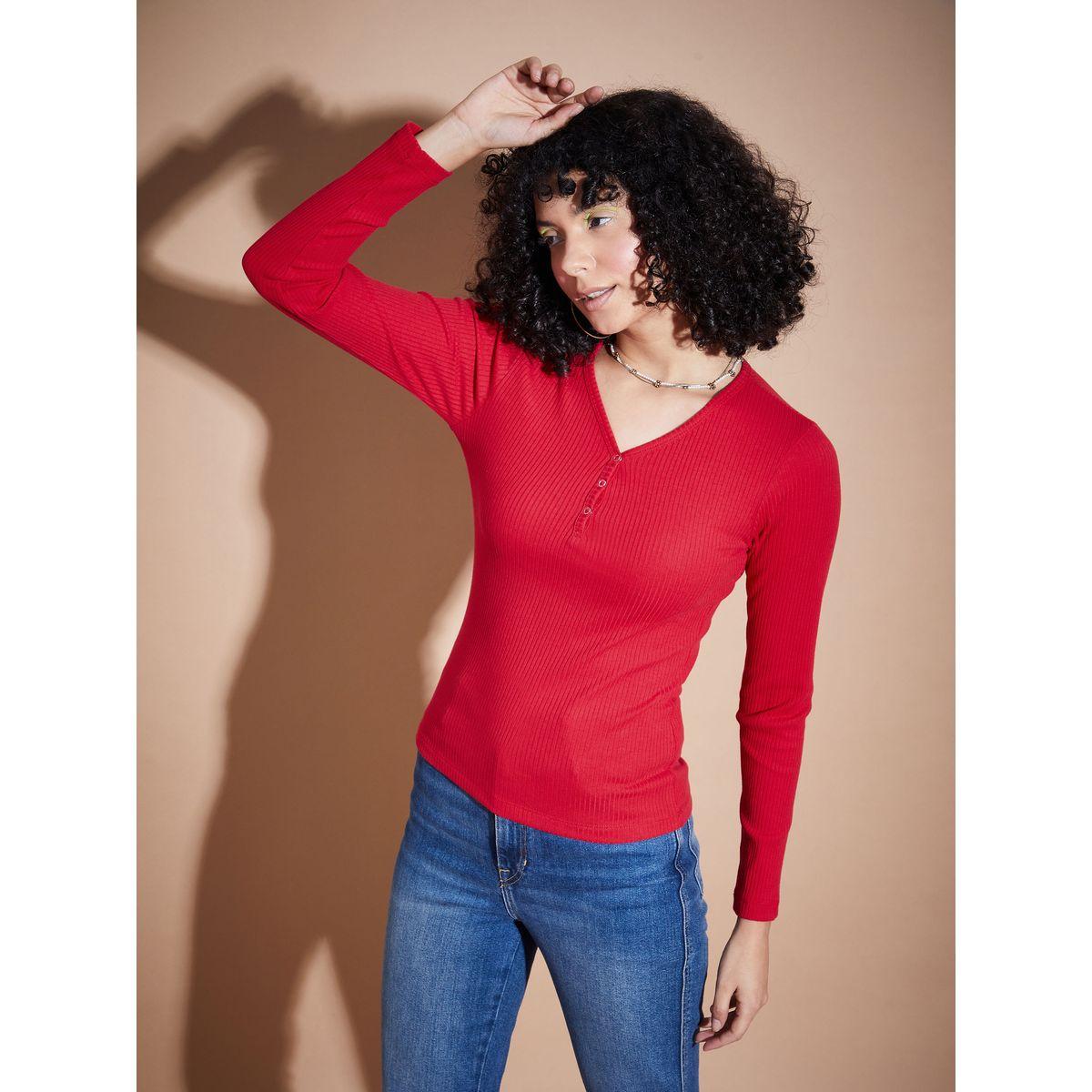 Sassafras X Styli  Ribbed V Neck Button Detail Regular Fit Top-women-clothing-shirtsandblouses-blouses-image-3