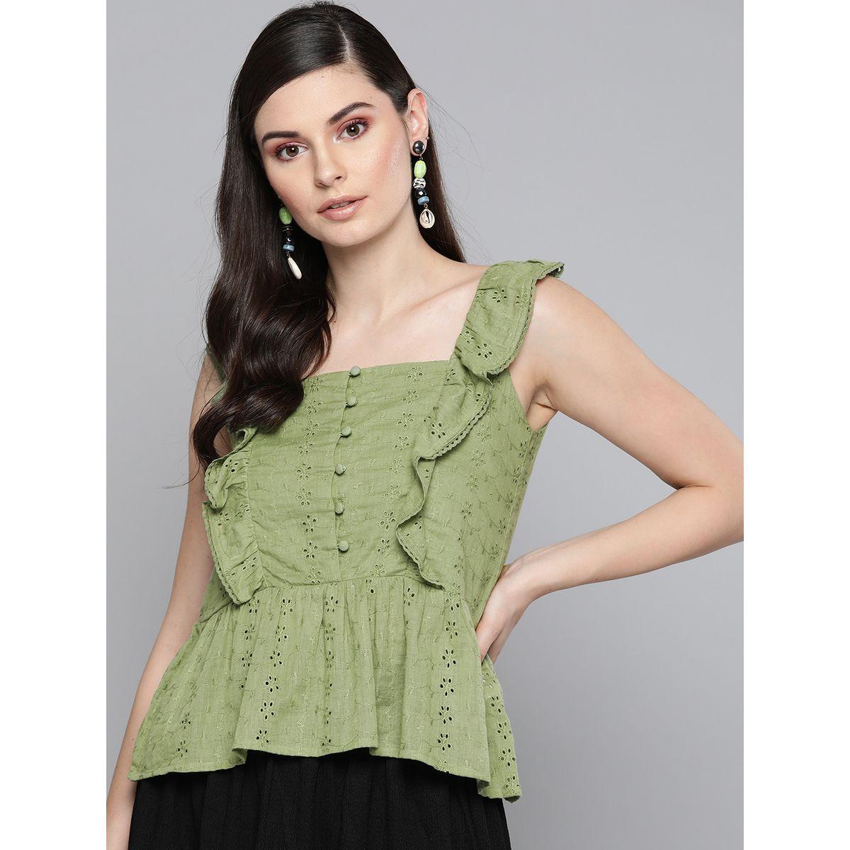 Sassafras X Styli  Schiffli Button Detail Ruffle Sleeves Peplum Top-women-clothing-shirtsandblouses-blouses-image-1