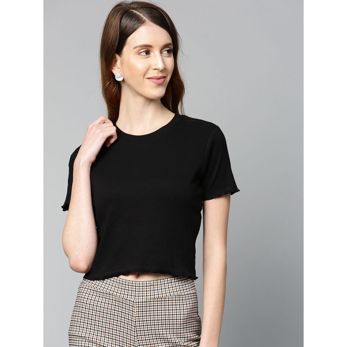 بلوزة قصيرة بتفاصيل مضلعة وياقة دائرية ساسافراس × ستايلي-women-clothing-tshirts-image-1