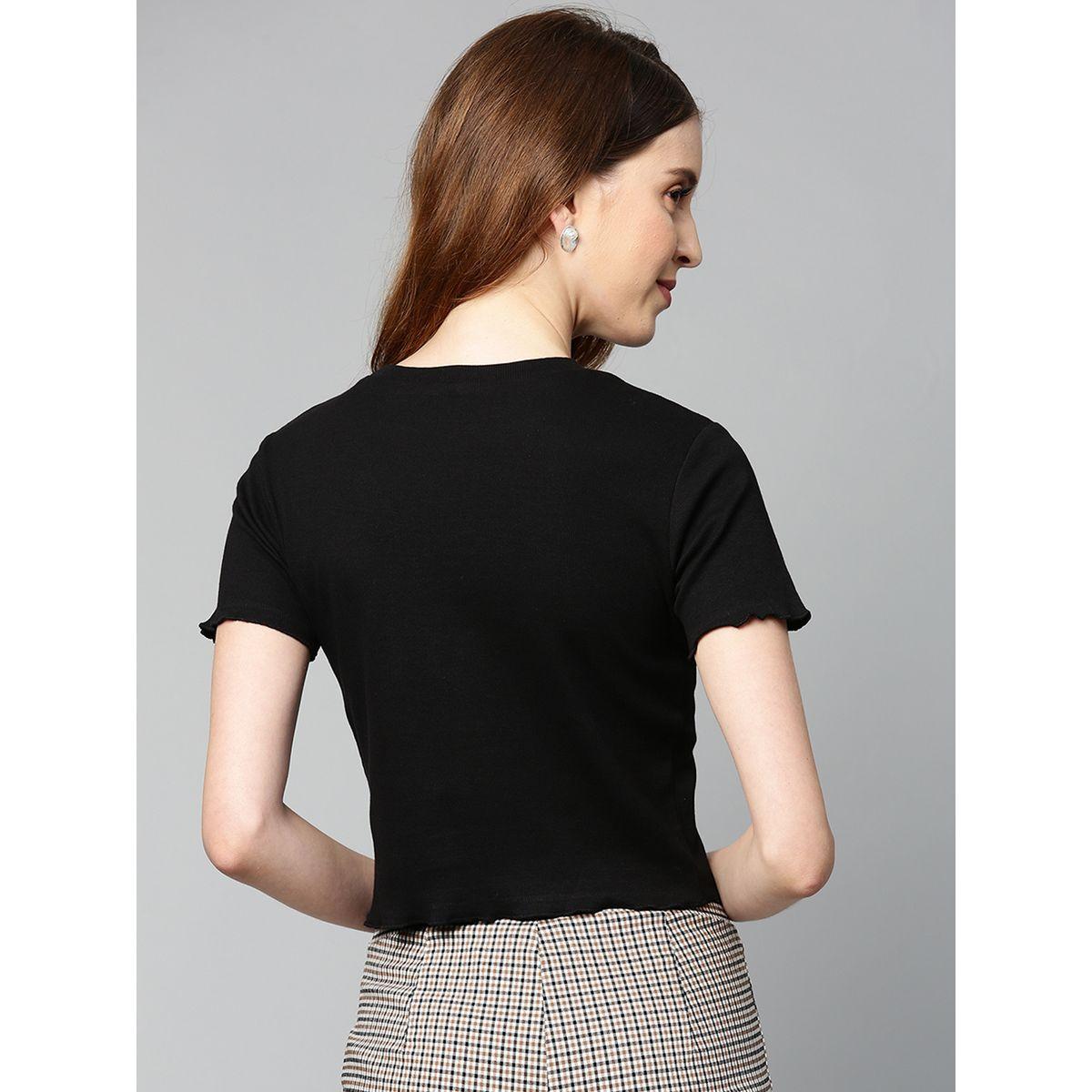 بلوزة قصيرة بتفاصيل مضلعة وياقة دائرية ساسافراس × ستايلي-women-clothing-tshirts-image-3