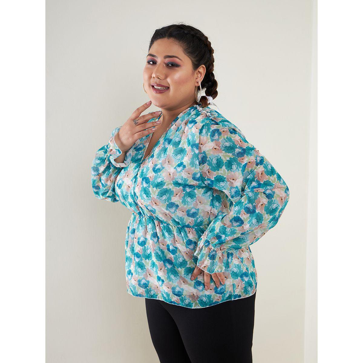 Sassafras X Styli  Plus Floral Print V Neck Peplum Top-women-clothing-shirtsandblouses-blouses-image-6