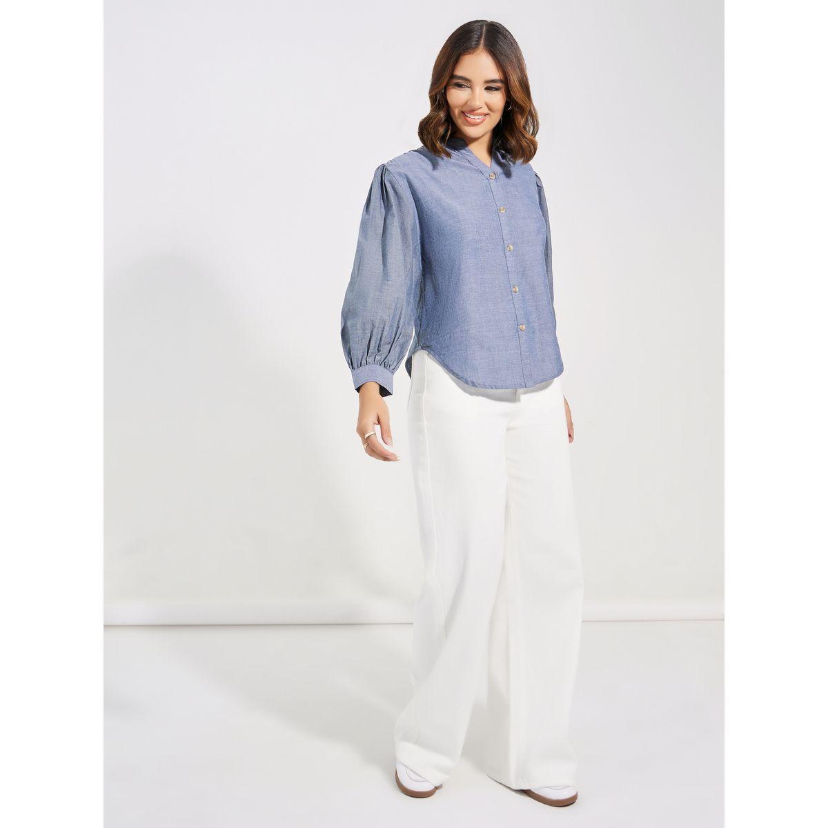بلوزة قطن سادة بياقة قائمة-women-clothing-shirtsandblouses-shirts-image-4