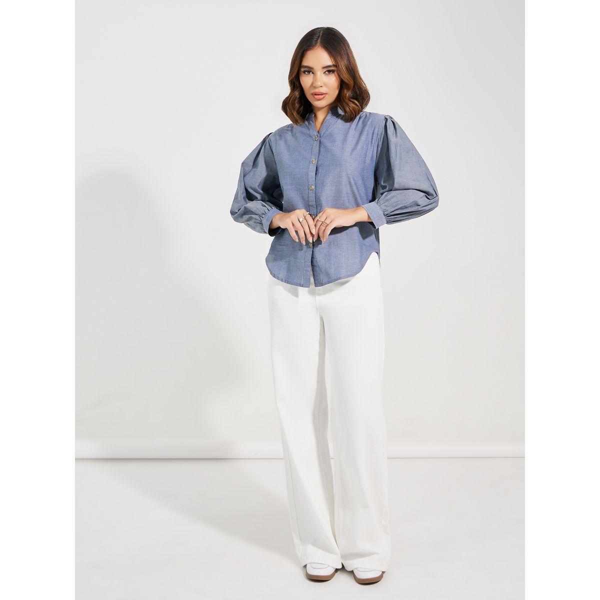 Styli Solid Cotton Chambray Stand Collar Shirt-women-clothing-shirtsandblouses-shirts-image-2