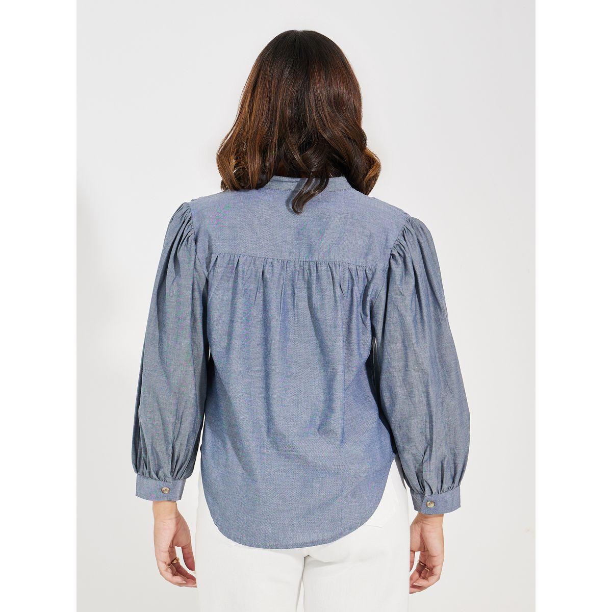 Styli Solid Cotton Chambray Stand Collar Shirt-women-clothing-shirtsandblouses-shirts-image-4