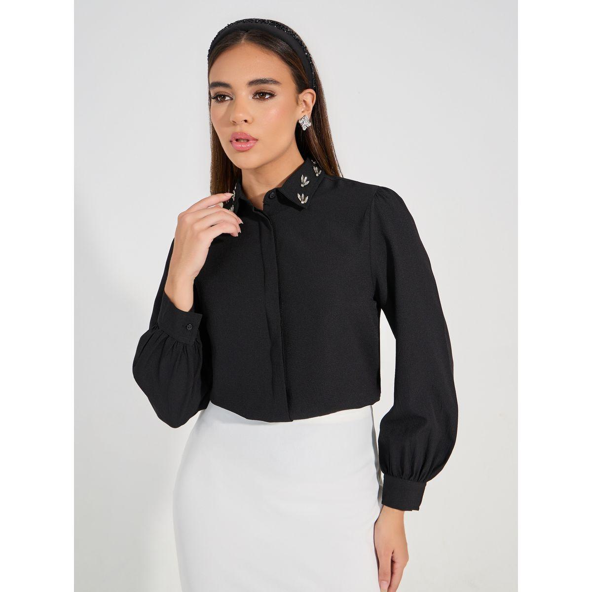 Styli Embellished Collar Woven Crepe Button Down Shirt-women-clothing-shirtsandblouses-shirts-image-1