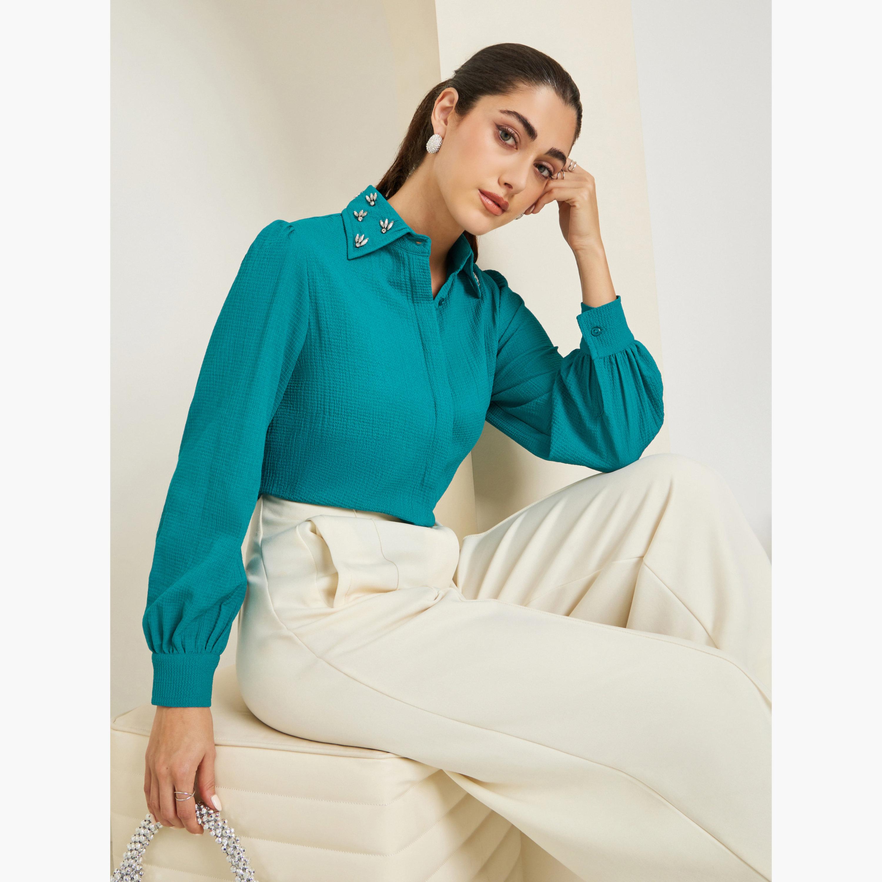 قميص كريب بياقة مزينة-women-clothing-shirtsandblouses-shirts-image-4