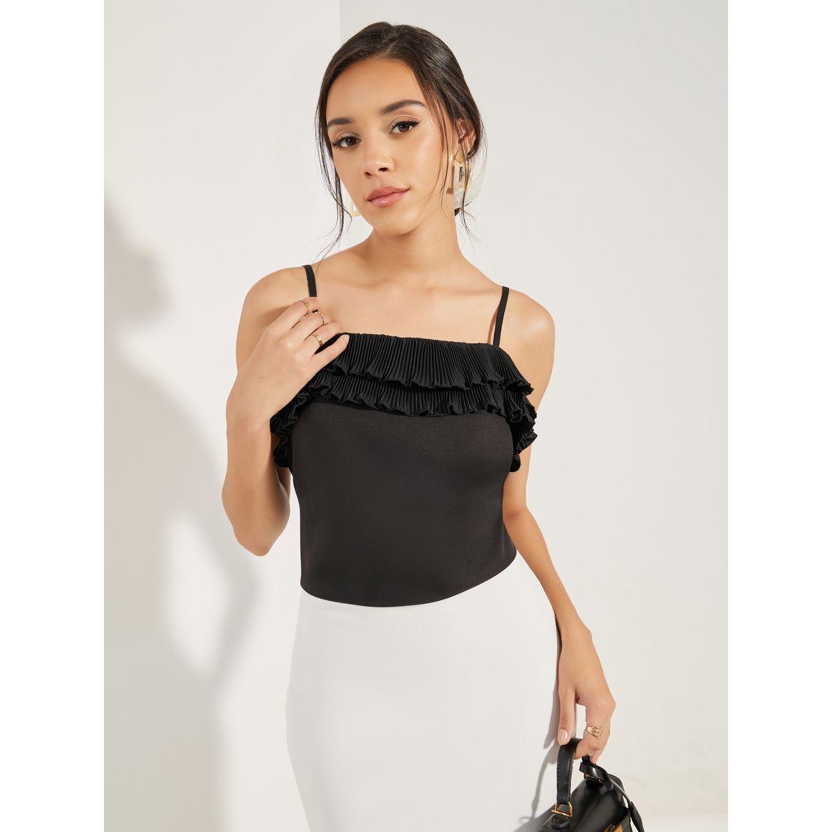 Styli Solid Woven Cami with Ruffle Detail-women-clothing-tshirts-image-1
