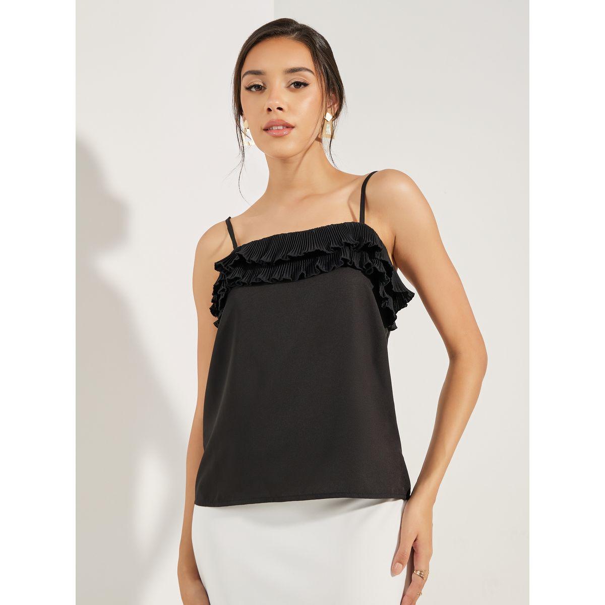 Styli Solid Woven Cami with Ruffle Detail-women-clothing-tshirts-image-3