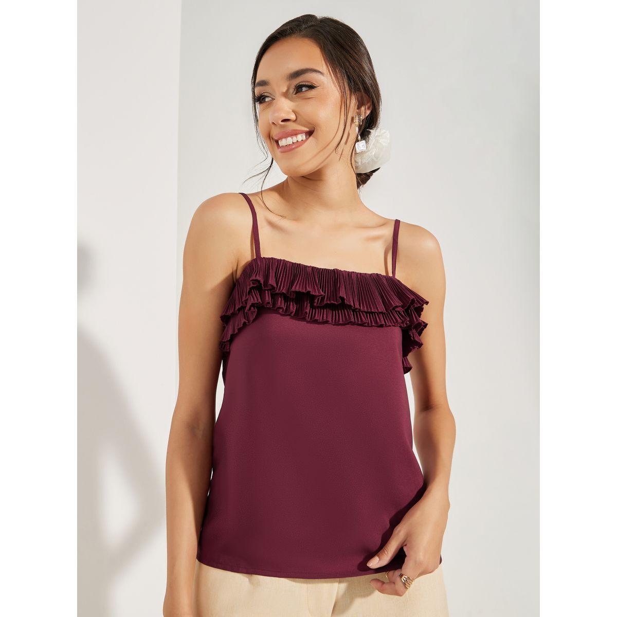بلوزة كامي سادة منسوجة بتفاصيل كشكش-women-clothing-tshirts-image-4